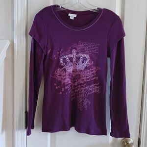 Y2K Limited Too Purple Ribbed Long Sleeve Top Bedazzled Bling Crown Kids 18